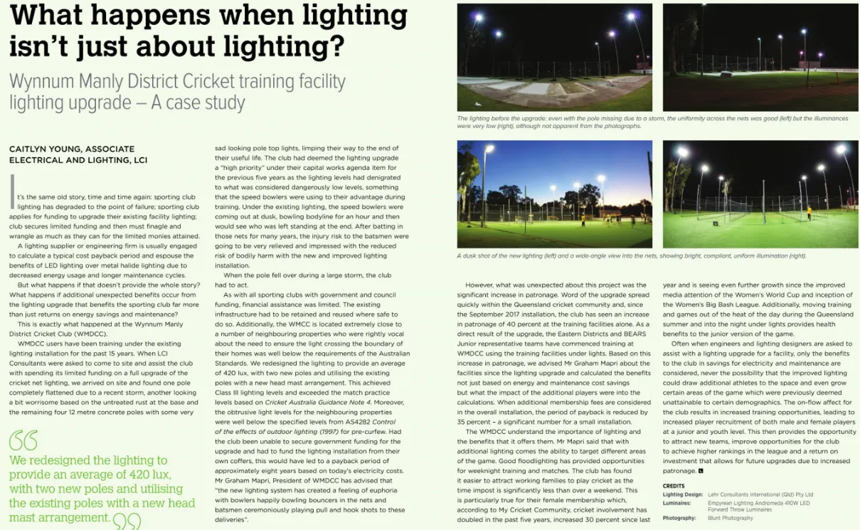 Case study sheet for the Wynnum Manly District Cricket nets lighting