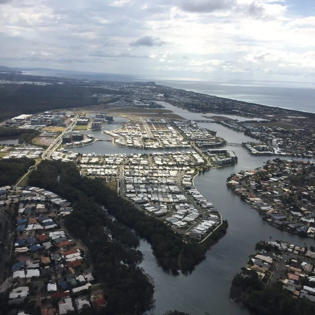 Aerial view over Kawana and the Sunshine Coast coastline