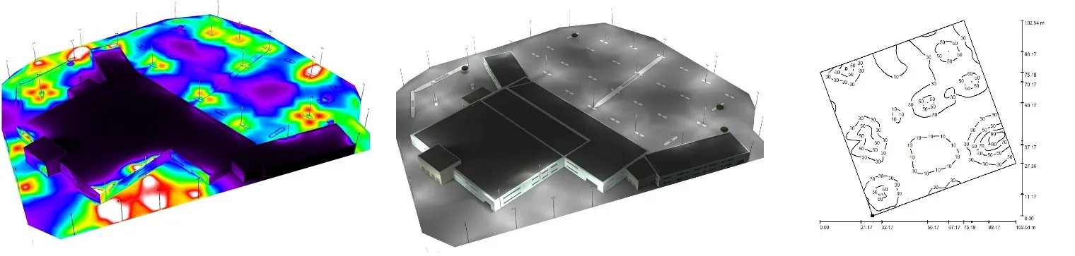 Three DIAlux outputs for a car park lighting design: a false-colour illuminance map, a greyscale 3D render, and an isolux contour plan