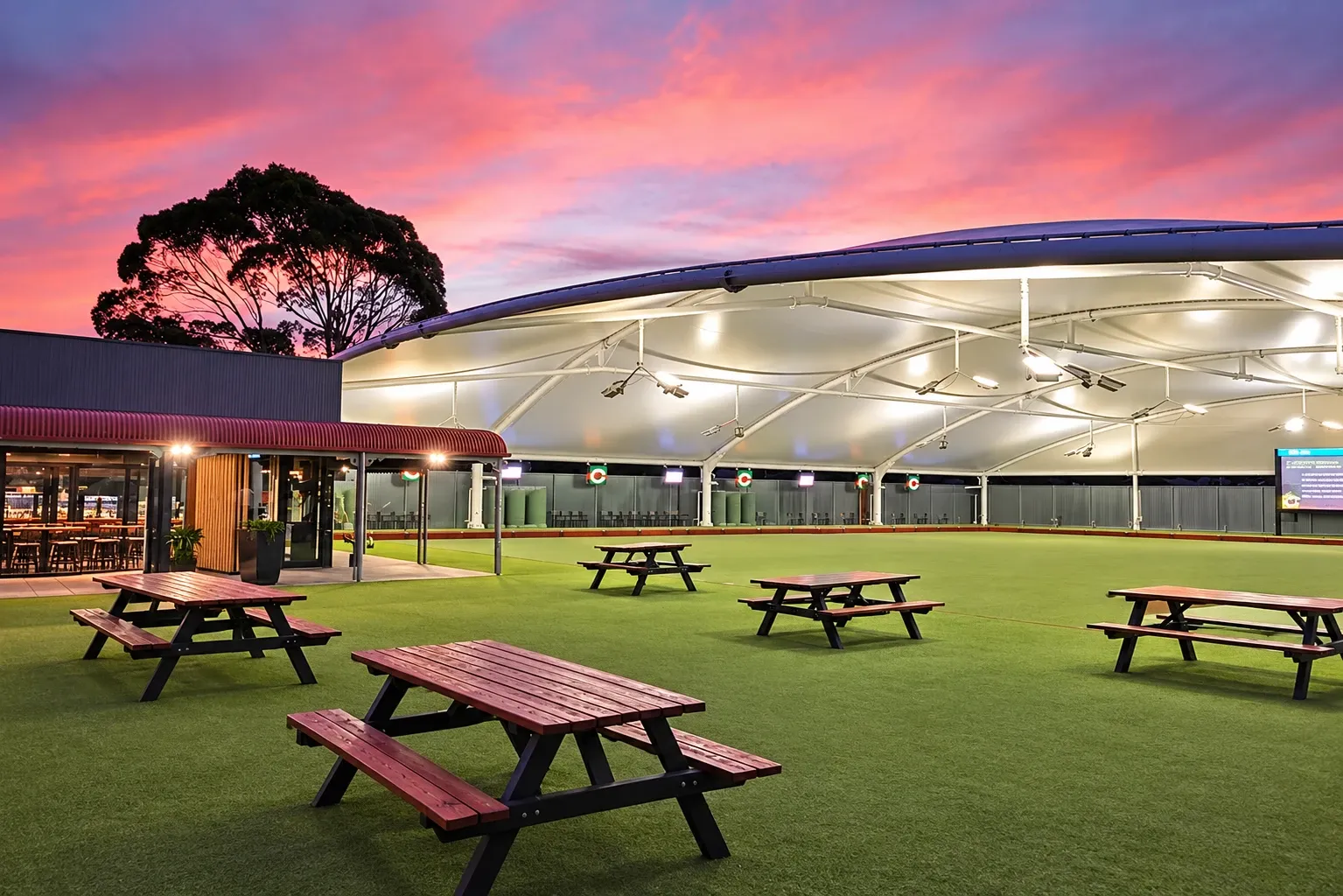 Clayton Bowls Club, its bowling greens lit by Empyrean Andromeda LED flood lights