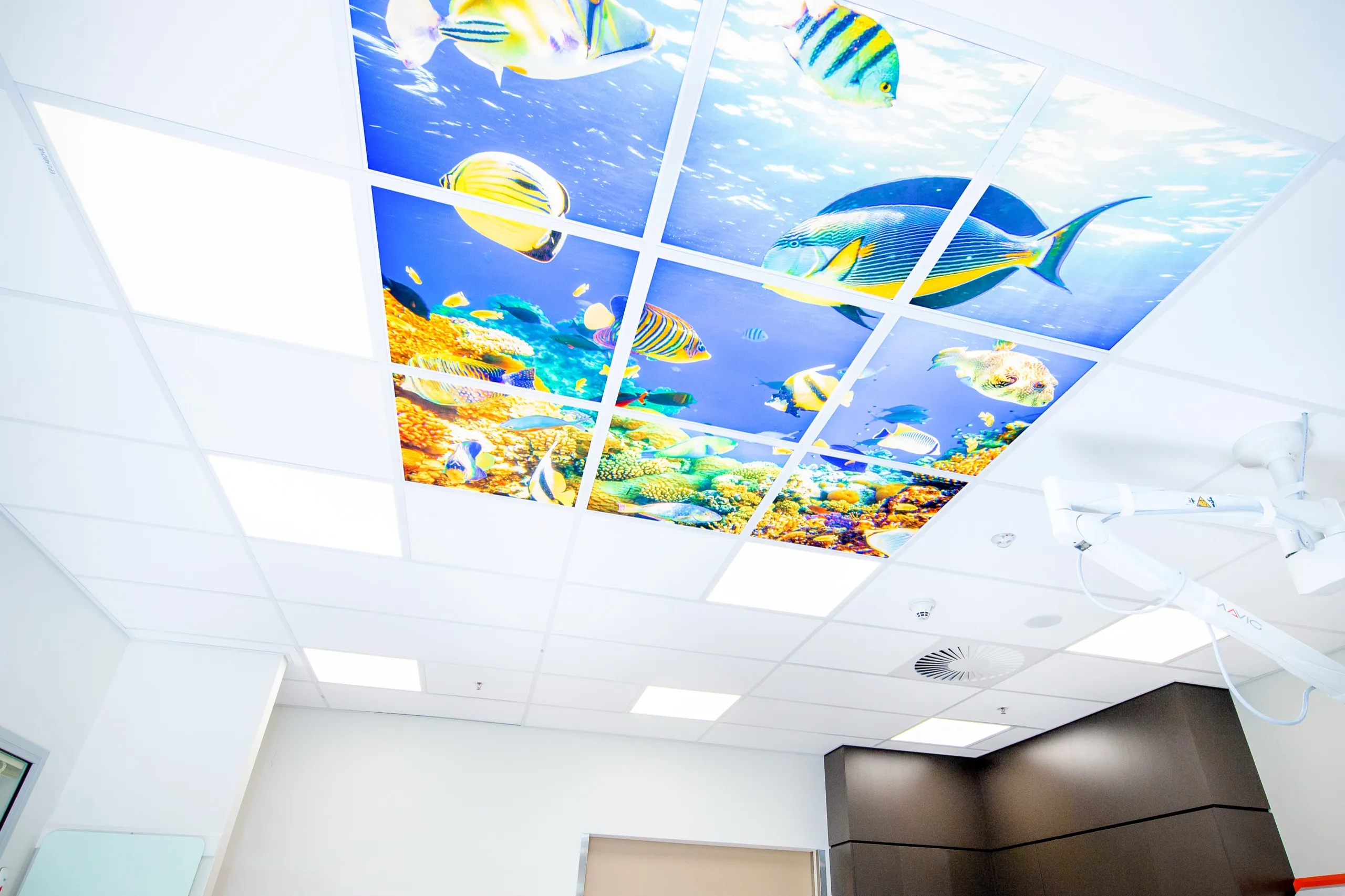 Medical imaging room at Robina Hospital with cyanosis-compliant LED panels and a reef-printed ceiling
