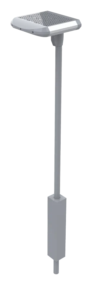 The Strata luminaire seen from a raised three-quarter angle, showing the one-piece head and pole body
