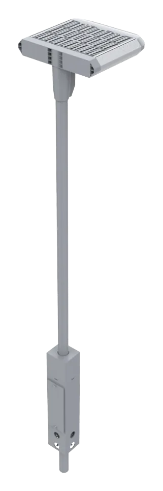 The Strata luminaire seen from below, showing the lensed pixel array and stanchion mount