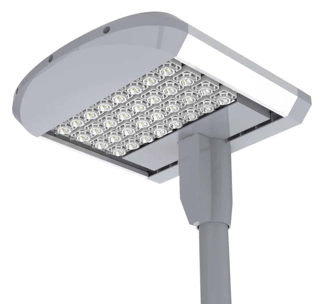 Render of the Strata luminaire head mounted on its pole, seen from the front — a rectangular array of individually lensed LEDs under a curved shroud