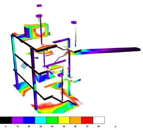 A DIAlux colour-rendering simulation showing calculated light levels across a modelled space